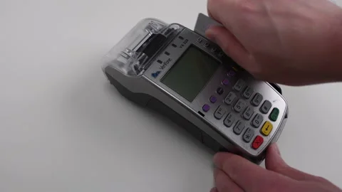 Close up shot of a pos terminal screen with paying with the debit or credit card Stock Footage 163648284