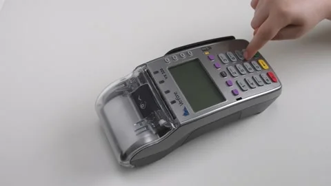 Close up shot of a pos terminal screen with paying with the debit or credit card Stock Footage 163648287