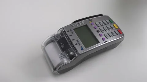 Close up shot of a pos terminal screen with paying Stock Footage 164603791