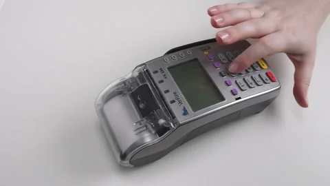 Close up shot of a pos terminal screen with paying with the debit Stock Footage 166353565