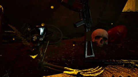 Close-up shot of a post-apocalyptic forest camp at night Stock Footage 304304798