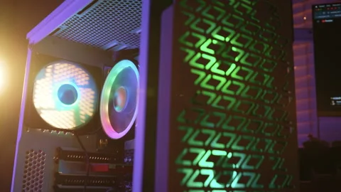 Close up shot of Power on of personal computer, cooling unit with the fan of the Stock Footage 271320595
