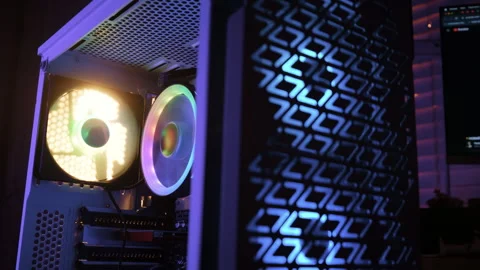Close up shot of Power on of personal computer, cooling unit with the fan of the Stock Footage 272831752