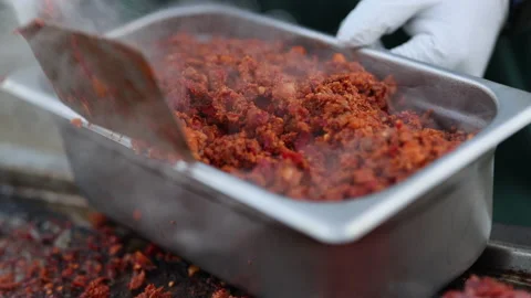 Close-up shot of preparing red meat outdoors Stock Footage 221151430