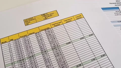 Close up shot of a print outs of excel table of a bank loan amortization tabl Stock Footage 210504796