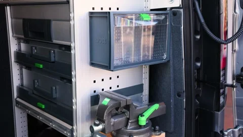 Close-up shot of professional Bott van racking system, heavy-duty bench Stock Footage 347097040