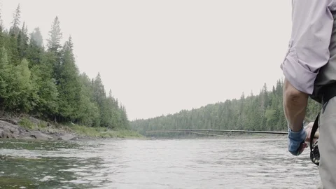 Close up shot of pulling the fishing line back, controlling the line on Video stock 99852290