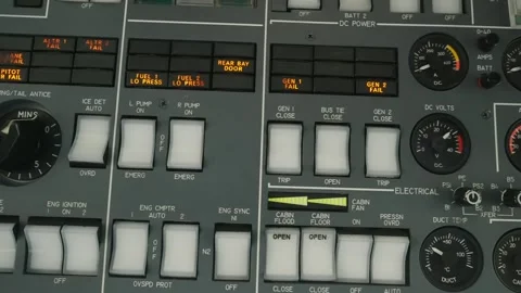 Close up shot of push buttons on overhead panel inside jet pilot's cockpit Stock Footage 254950336