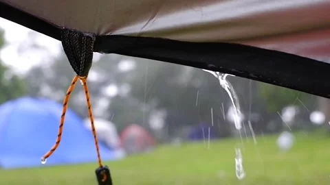 Close-up shot of raindrops on the tent Video stock 308727093