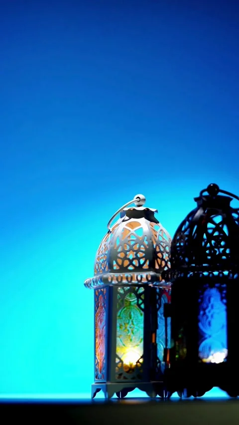 Close Shot Of Ramadan Lantern Islamic Light Blue Stock Footage 331763380