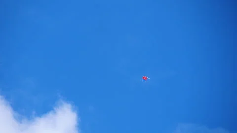 Close up shot of red and blue colored kite flying and going down slowly Stock Footage 258544827