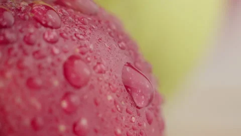 Close-up shot of a red apple. A drop is rolling down Stock Footage 147345767