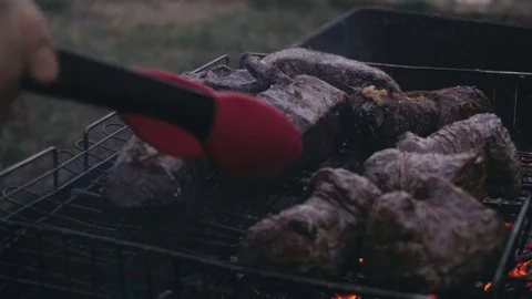 Close-up shot of red meat and chicken legs grilled during picnic Video stock 84254203