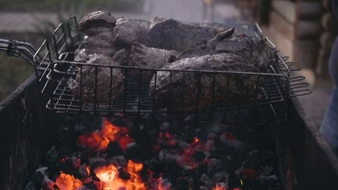 Close-up shot of red meat and chicken legs grilled during picnic Video stock 84254270