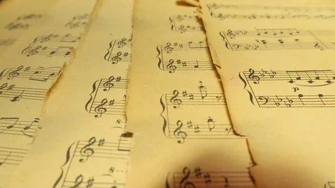 Close up shot of a red rose on a sheet of music rotating. Conceptual shot Stock Footage 102421268