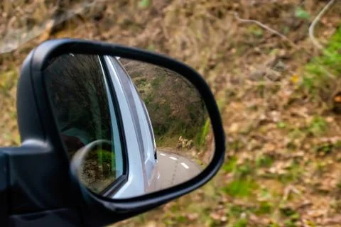 A close-up shot of the reflection of a white van in the rearview mirror of a  Stock Photos
