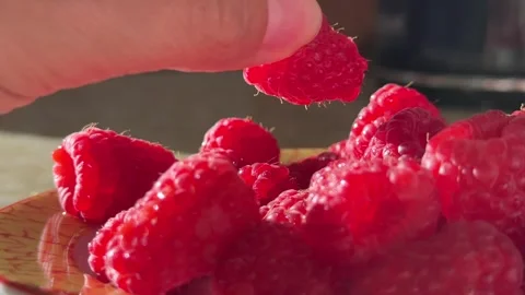 A close-up shot of a ripe raspberry with glistening water droplets, hand Stock Footage 315403404