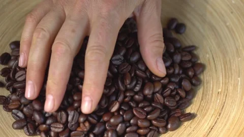 Close-Up Shot of Roasted Coffee Beans Falling off From Hands Stock Footage 137887889