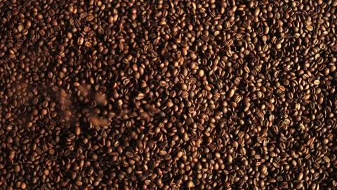 Close-up shot of roasted coffee beans falling and tumbling in slow motion Stock Footage 338441509