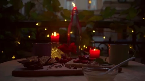 Close-up shot of romantic table with candle light at night Stock Footage 87702587