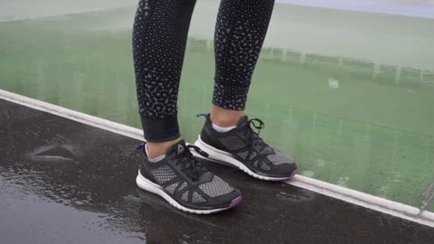 Close up shot of runner's shoes.Runner getting ready for training. 120fps Stock Footage 83053591