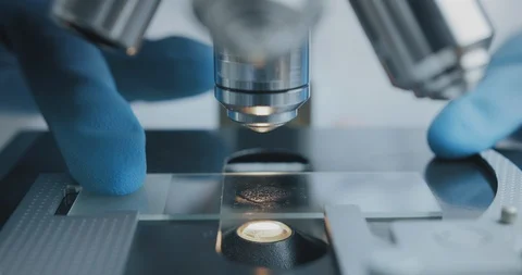 Close up shot of the scientist studies examining of test sample under the Vídeo Stock 121615897
