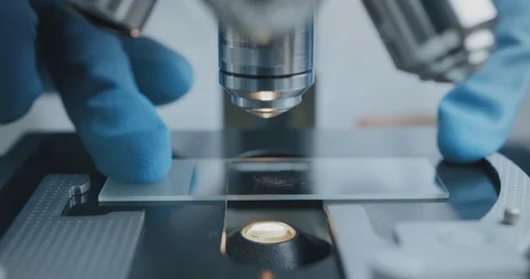 Close up shot of the scientist studies examining of test sample under the Vídeo Stock 121616075