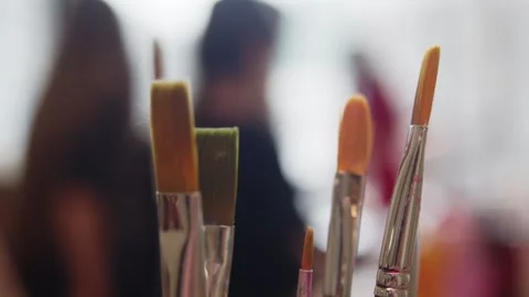 A close-up shot of several brushes, ready for the artist to use. Stock Footage 300273002