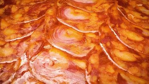 Close-up shot showcasing the texture of Spanish chorizo 스톡 동영상 313833234