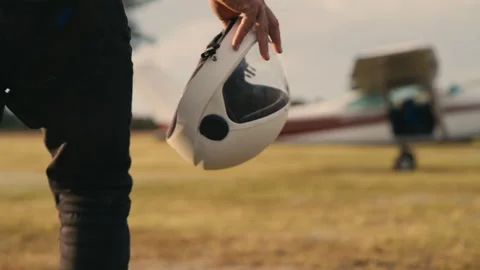 Close-up shot of the skydivers helmet while entering the airplane Stock Footage 264000162