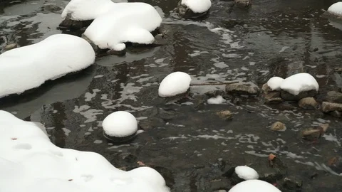 Close-up shot of Snow capped rocks river. Stock Footage 70678832