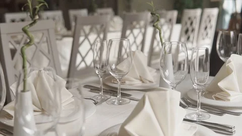 Close up shot of a snow-white table, which is elegantly served Stock Footage 86215189
