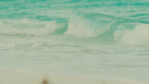 Close Up Shot of Soft Turquoise Ocean Waves Washing White Sand Beach Shore in Stock Footage 344137983