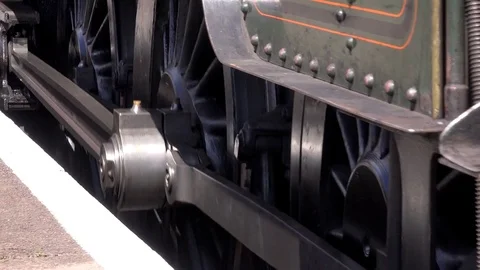 Close up shot of Steam Train wheels turning on track Stock-Footage 77419834