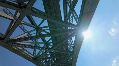 Close-up shot of steel bridge structure with blue sky. Stock Footage 327685499