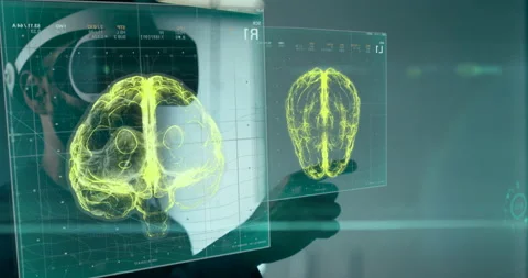 Close-up shot of a surgeon doctor with Augmented Reality VR glasses looking at f Stock Footage 199455131
