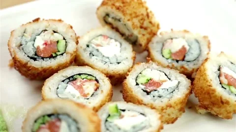 Close up shot of sushi rolls ginger and wasabi Video stock 333836875