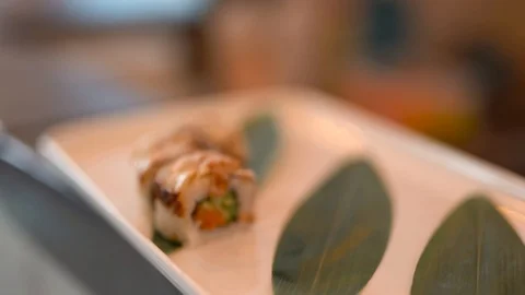 Close shot of susi rolls. Chef put more sushi on plate. Also there is 2 Stock Footage 100575177