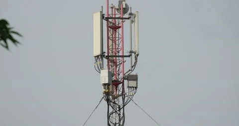 Close-up shot of Telecommunication tower. Telecom tower antennas and satellite Stockbeeldmateriaal 134644051