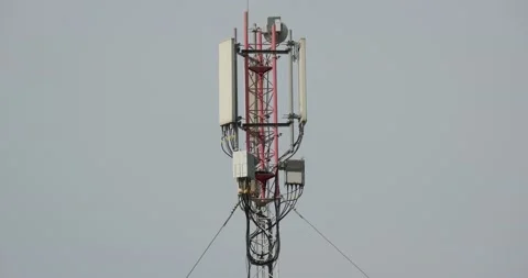 Close-up shot of Telecommunication tower. Telecom tower antennas and satellite Stockbeeldmateriaal 134644964