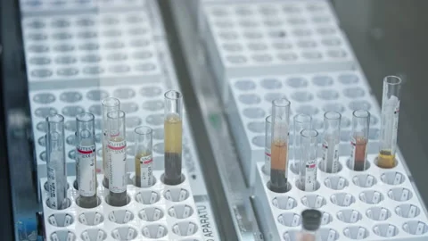 Close shot of test tubes standing in two trays. Lab concept. Healthcare concept. Stock Footage 232687766