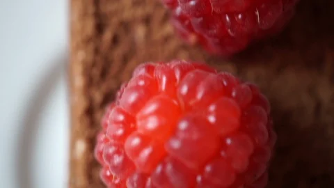Close-up shot of a texture of a chocolate cake with raspberries Stock Footage 117912377