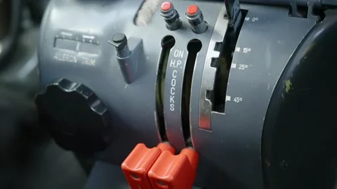 Close up shot of thrust lever in cockpit of private aircraft. Pilot controling Stock Footage 254577466