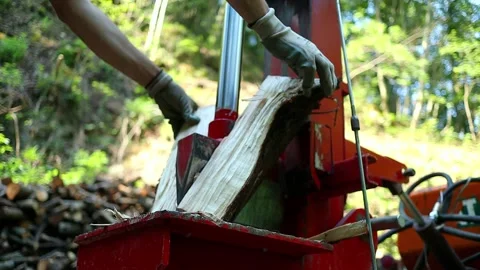 A close shot of timber being sliced up using a hydraulic log splitter Stock Footage 198005626