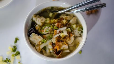 A close-up shot from a top-down perspective of a bowl of tekwan Stock Photos