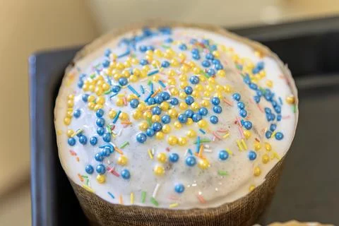 A close-up shot of a traditional Easter bread Paska decorated with sugar glaz Stock Photos