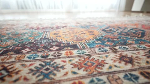Close up shot of traditional middle eastern oriental rug on floor in bright.. Stock Footage 333155704