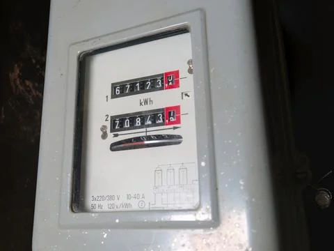 A close-up shot of two dials of a 40-year-old electricity meter Stock Photos