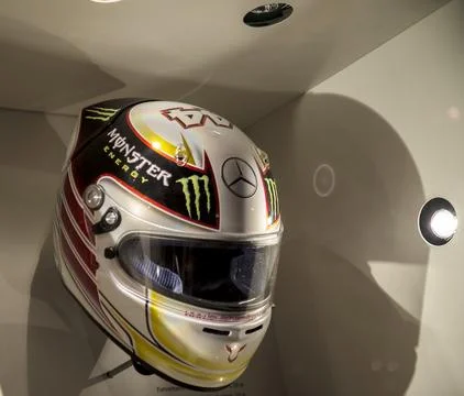 Close up shot of two helmets, worn by Formula 1 racing driver Michael Schum. Stock Photos
