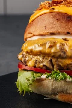 Close-up shot of a two-layer beef burger. Foto stock